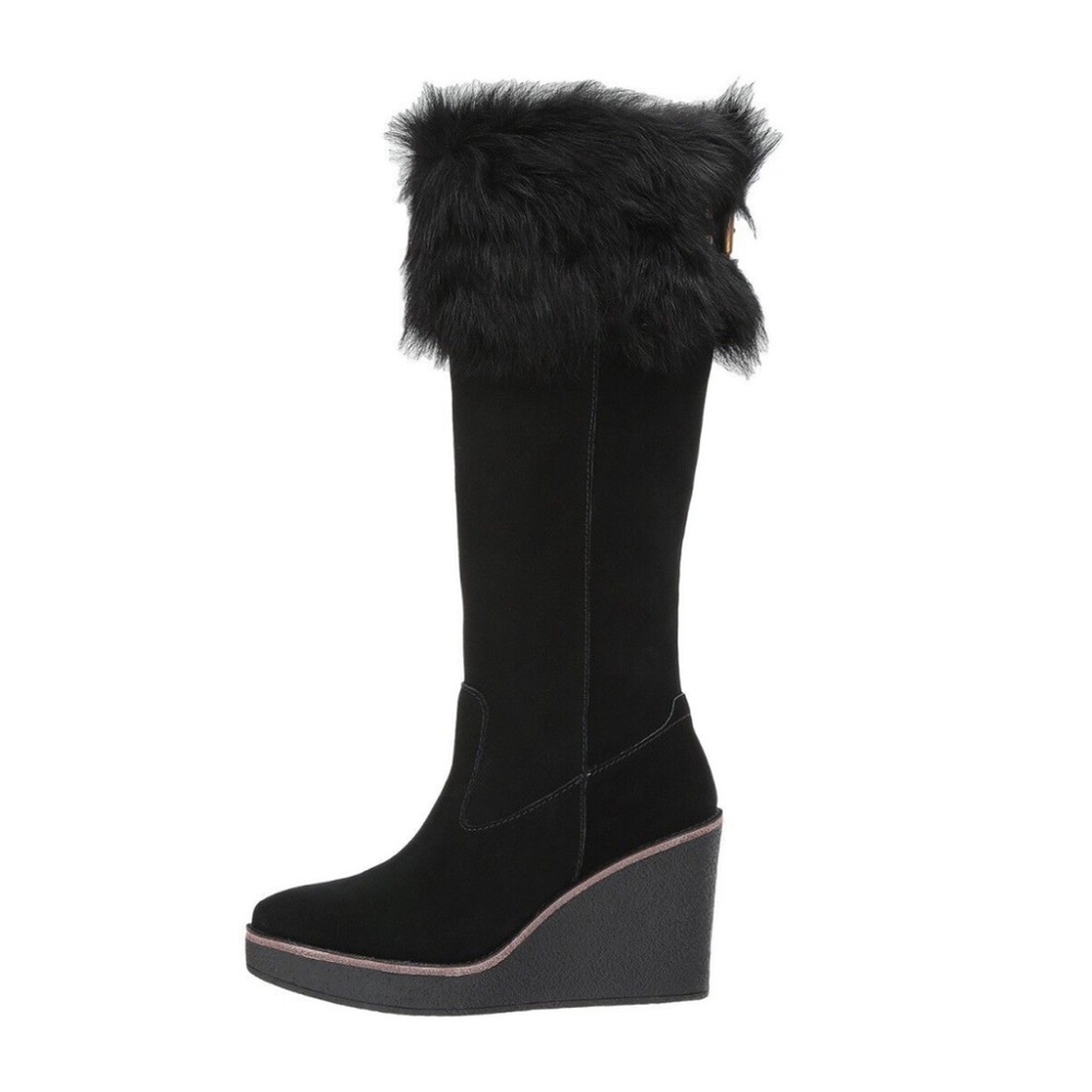 UGG VALBERG Black Wedge Platform Fur Trimmed Boots Size 6.5